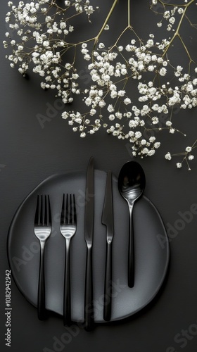 Elegant table setting with black cutlery and delicate white flowers on a dark...