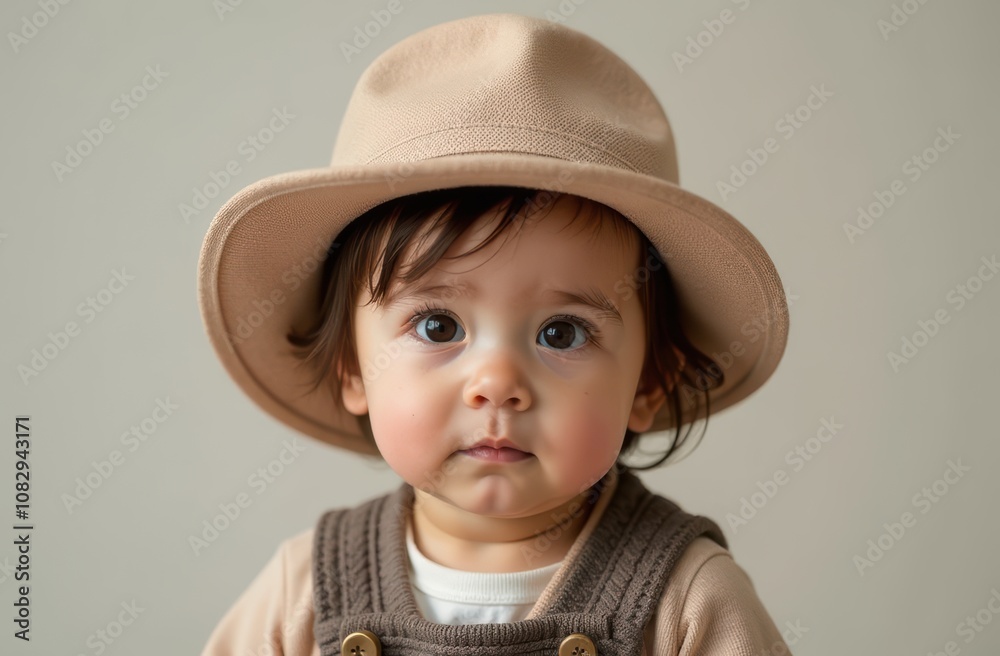 Portrait of cute child with hat on,minimalistic natural colors,close-up. Children's clothes concept. Photoshoot for kids Portrait of cute child with hat on,minimalistic natural colors,close-up. Children's clothes concept. Photoshoot for kids