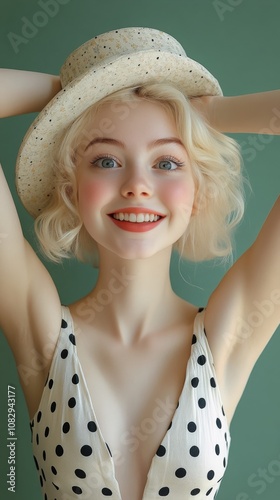 Young woman with blonde hair and a hat smiles joyfully against a plain green ...