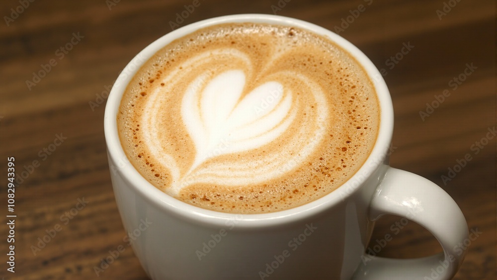Elegant vanilla latte with heart foam art in ceramic mug Elegant vanilla latte with heart foam art in ceramic mug