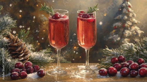 Celebration drinks with cranberries and rosemary in an elegant holiday setting