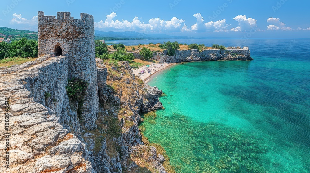 An ancient stone fortress overlooks the stunning turquoise waters of a serene beach, captured under a vibrant blue sky with fluffy clouds An ancient stone fortress overlooks the stunning turquoise waters of a serene beach, captured under a vibrant blue sky with fluffy clouds