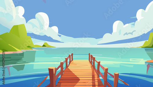 Wooden pier on the sea. Vector illustration of a summer landscape.