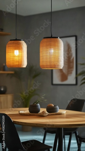 Modern dining area featuring stylish pendant lights and a natural decor in mu...