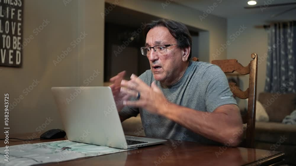 A man working at home uses his laptop to get bad news, perhaps in an email. A man working at home uses his laptop to get bad news, perhaps in an email.