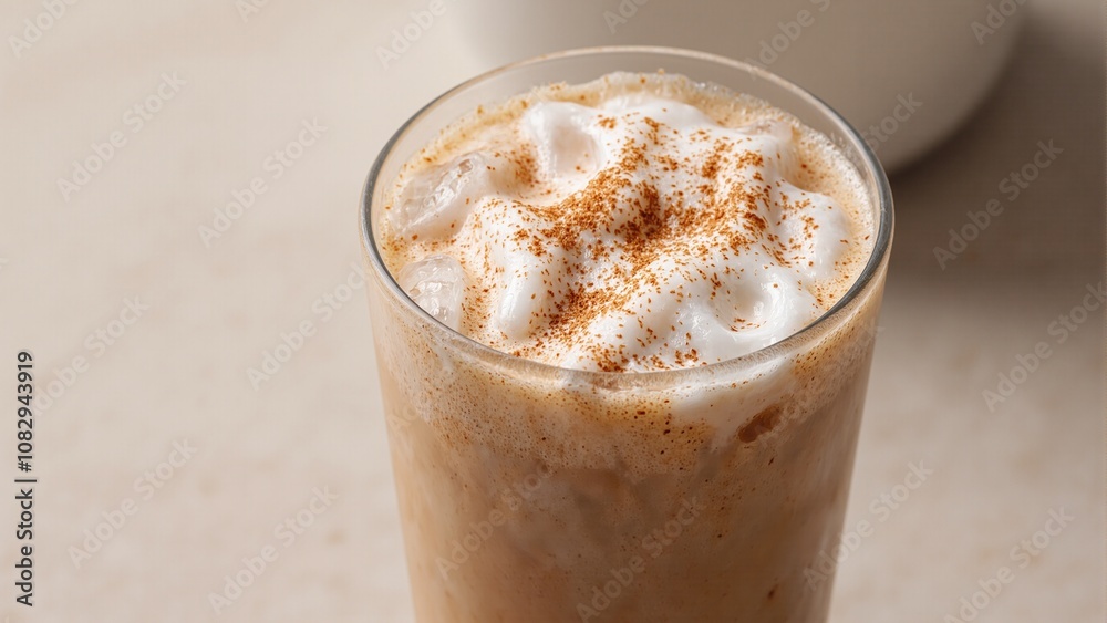 Refreshing iced chai latte with creamy swirl and cinnamon served in clear glass with ice Refreshing iced chai latte with creamy swirl and cinnamon served in clear glass with ice