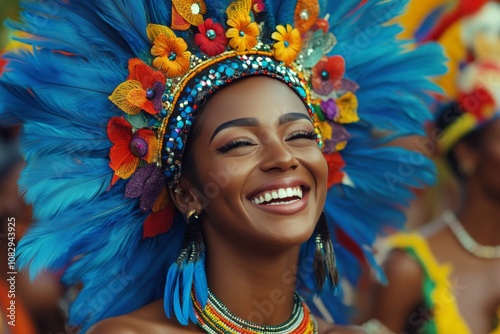A joyful woman in a feather headdress smiles at a lively carnival celebration