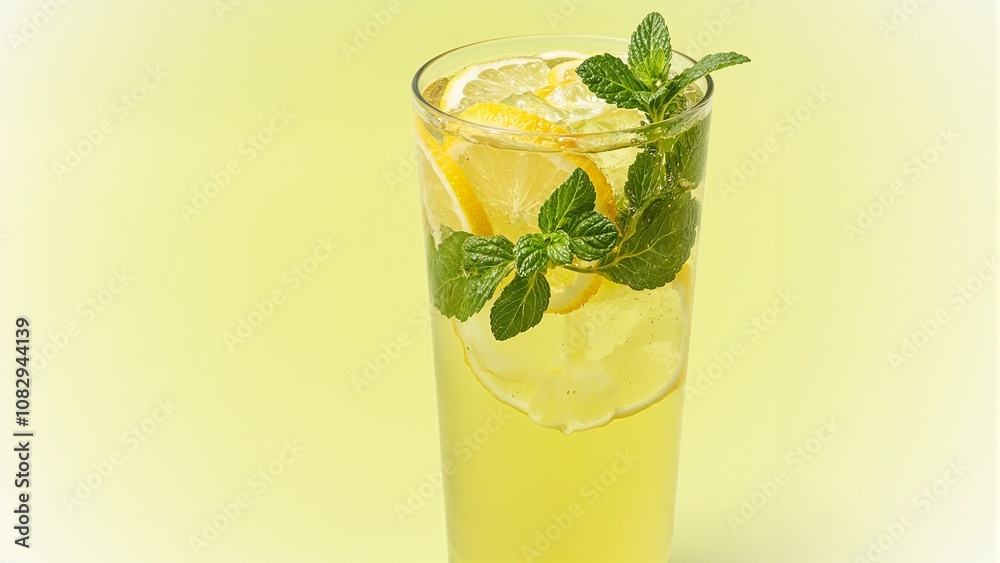 Refreshing lemonade with lemon slices and mint leaves in a tall glass Refreshing lemonade with lemon slices and mint leaves in a tall glass