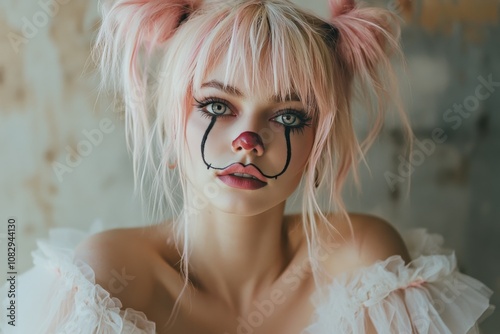 A young woman with pink hair and clown makeup poses for a portrait against a ...