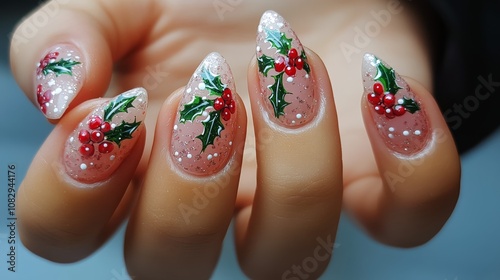 Festive nail art featuring holly and berries on a light base during winter ce...