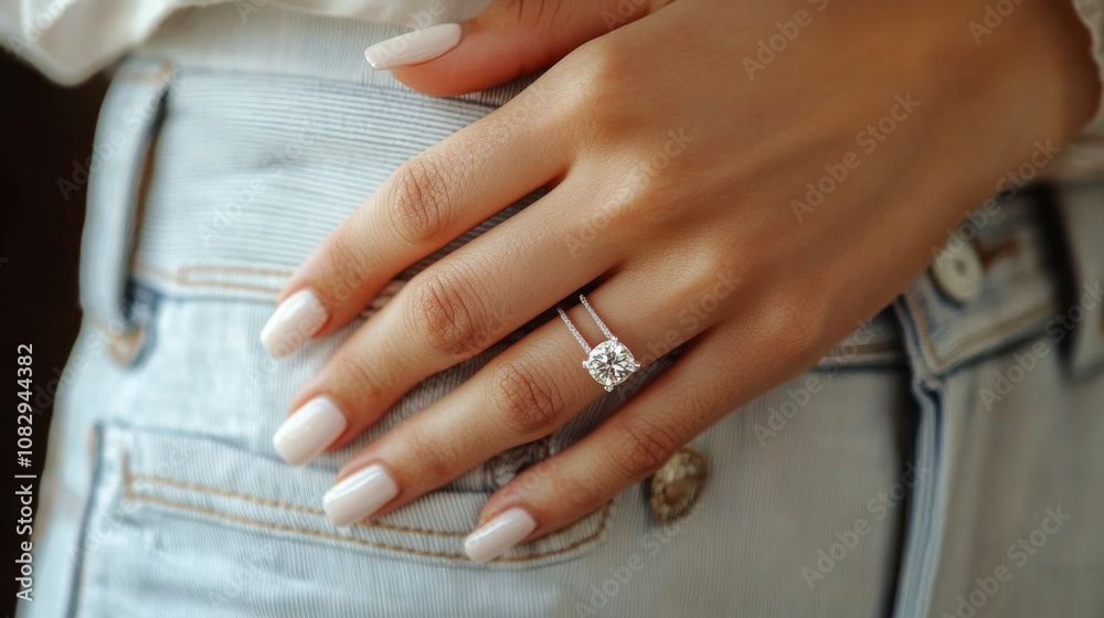 Fototapeta premium Elegant diamond ring on a womans hand with neutral colored manicure in natural light