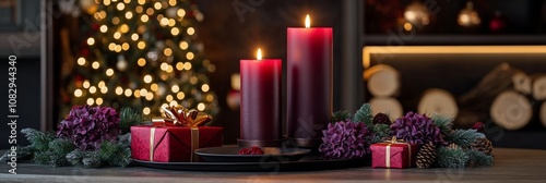 Elegant holiday dinner setup with candles, flowers, and wrapped gifts in a co...