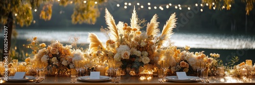 Elegant floral arrangement featuring roses and pampas grass during a festive ...