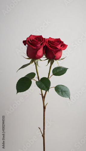 Wallpaper Mural Two red roses with green leaves standing together on white background for romantic symbolism
 Torontodigital.ca