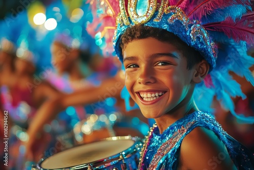 A young boy smiles brightly while dressed in a colorful carnival costume, hol...