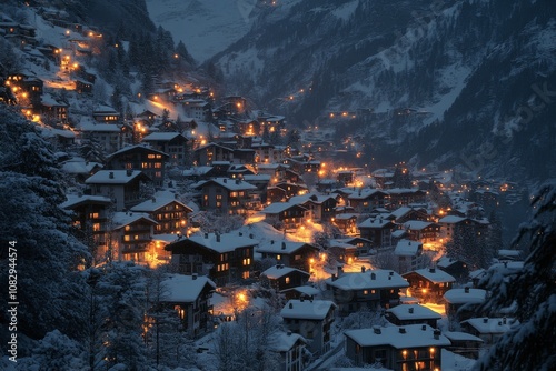 Snow covered village illuminated at night in a mountainous landscape during w...