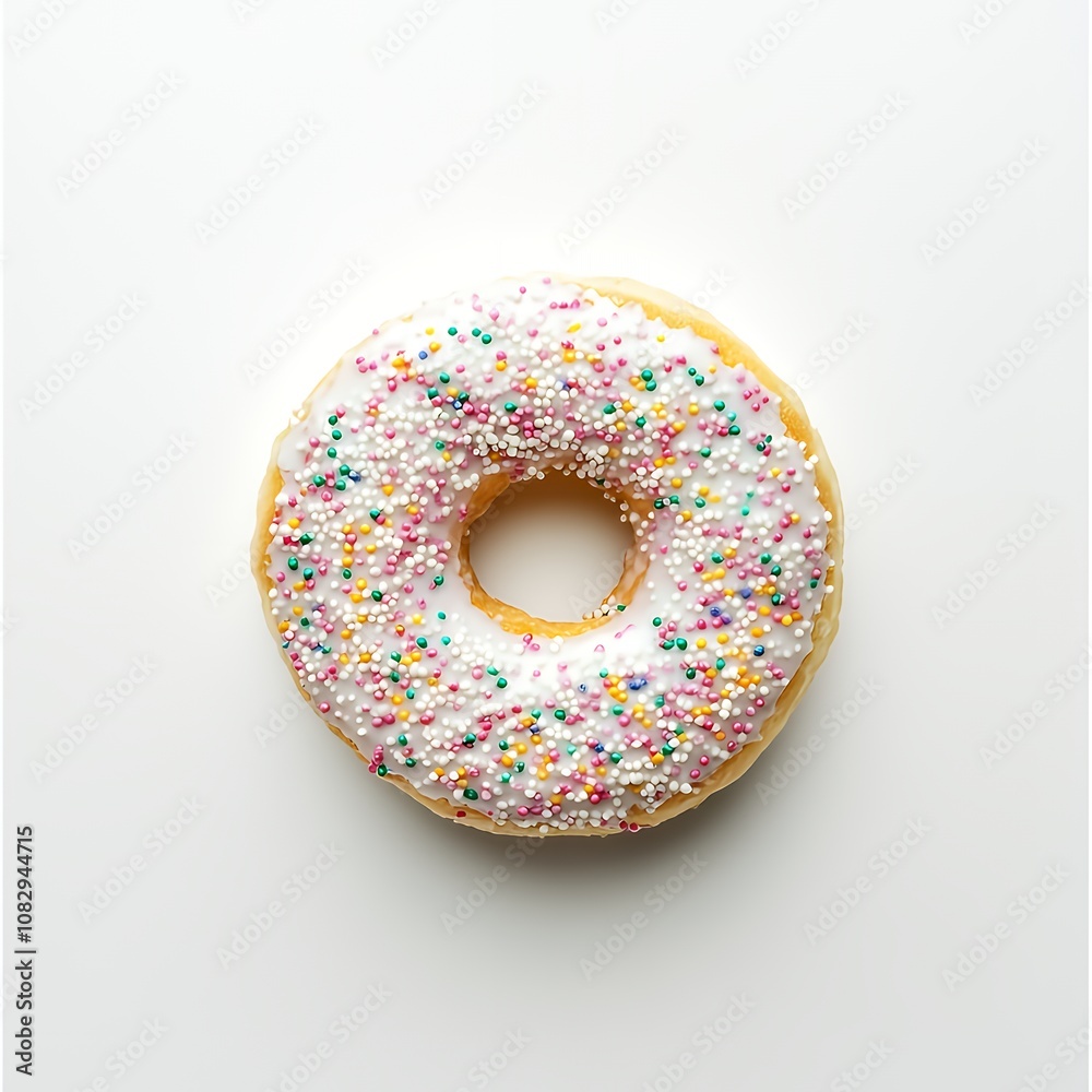A single glazed donut with colorful sprinkles on a white background. A single glazed donut with colorful sprinkles on a white background.