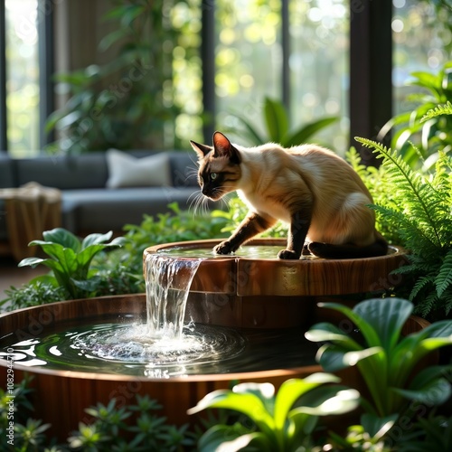 Cat at a pet water fountain. A Siamese cat investigates a wooden pet water fountain in a lush, plant-filled indoor setting.