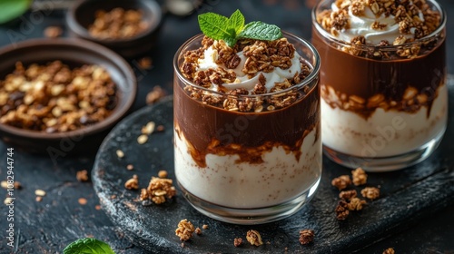 Delicious layered dessert with chocolate, yogurt, and granola, served in glas...