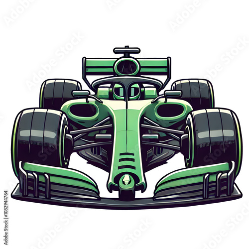Green formula 1 car icon drawing front view, isolated on a transparent background.