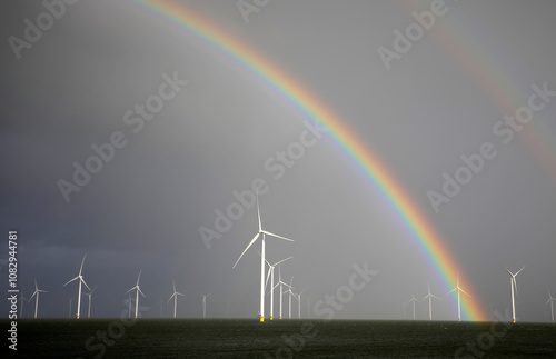 Rainbow above a offshore windpark, Breezanddijk, Holland photo