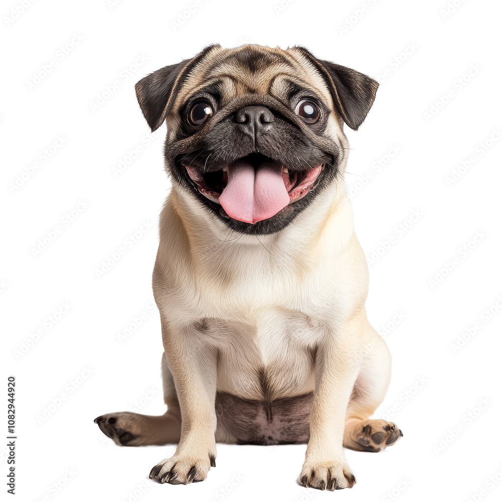 A playful pug sits on the ground with its tongue out, radiating joy in a bright environment, a cute pug sitting on the ground with its tongue out, white background A playful pug sits on the ground with its tongue out, radiating joy in a bright environment, a cute pug sitting on the ground with its tongue out, white background