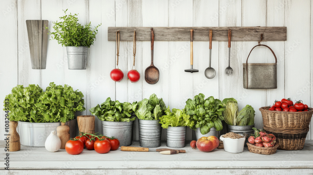 A modern farm setup with clean lines, featuring tools and fresh produce displayed against a white background. A modern farm setup with clean lines, featuring tools and fresh produce displayed against a white background.
