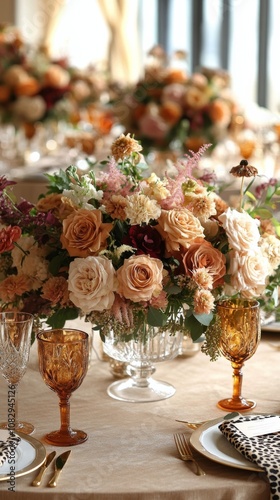Beautiful floral arrangement on an elegant dining table during a spring gathe...