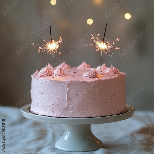 A pink celebratory cake with sparklers on a white table against a blurred bac...