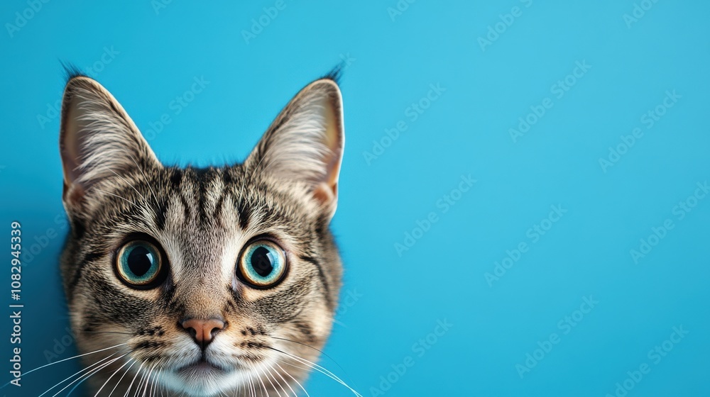 A Curious Tabby Cat Peeking From Behind a Blue Surface A Curious Tabby Cat Peeking From Behind a Blue Surface