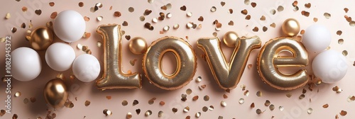 Golden love balloons and white balloons with confetti on a festive background...
