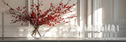 Elegant arrangement of red berries in a glass vase beside crystal wine glasse...