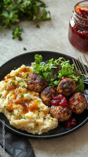 Hearty meatballs served over creamy mashed potatoes with fresh greens and sav...