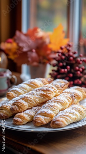 Delicious pastry dessert garnished with powdered sugar on a rustic wooden tab...