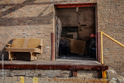 old car seat in front of warehouse