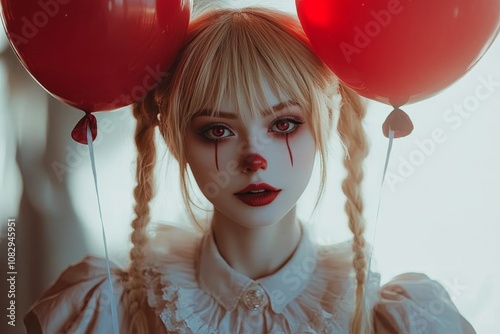 Woman holding red balloons in a playful costume against a textured background