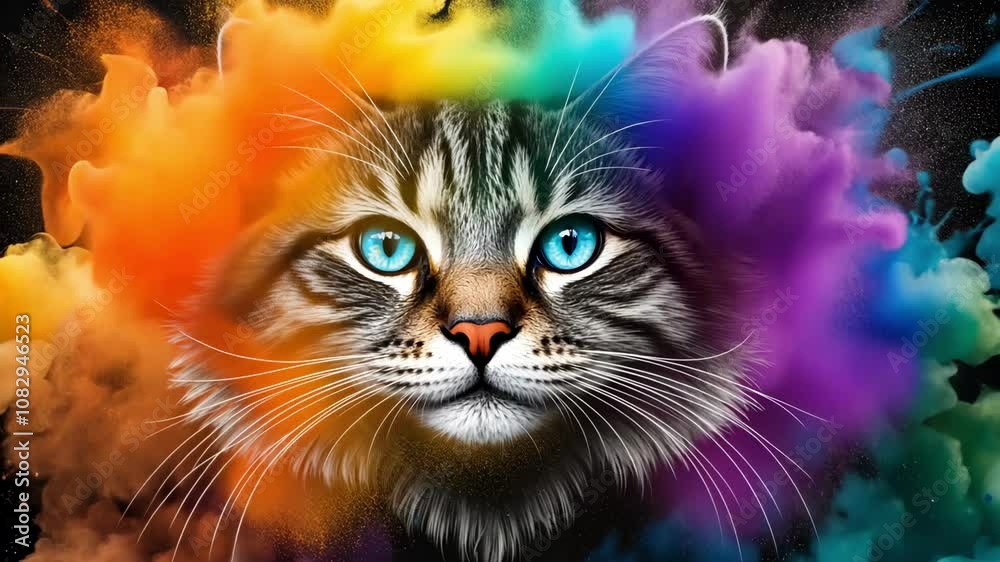 A cat with a colorful explosion of paint on its face. The cat has a green eye and is surrounded by a rainbow of colors. The image is a creative and playful representation of a cat