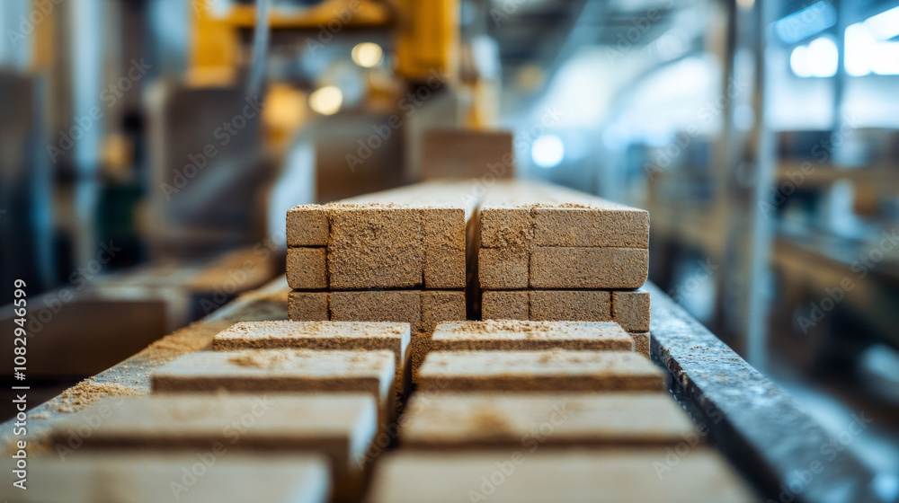 The scene captures the simplicity and efficiency of brick production in a modern factory setting. The scene captures the simplicity and efficiency of brick production in a modern factory setting.