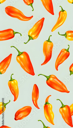 Natural seamless pattern of fresh ripe chili peppers with white shades, png