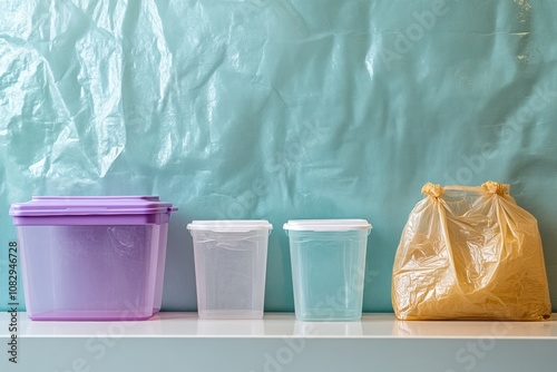 Reusable containers are displayed prominently, emphasizing eco-friendliness amid a variety of single-use plastic waste. Generative AI photo