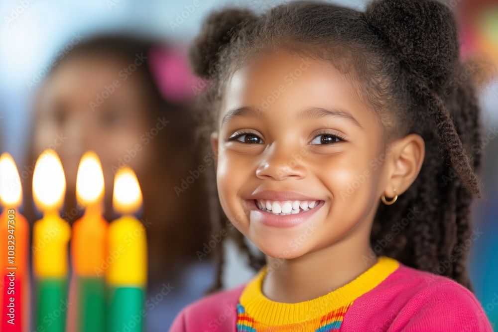 Children joyfully watching Kwanzaa candles burn in kinara during family celebration filled with warmth and laughter Children joyfully watching Kwanzaa candles burn in kinara during family celebration filled with warmth and laughter