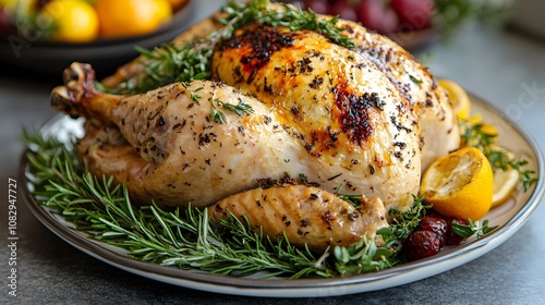 A Roasted Herb-Crusted Turkey, Garnished with Fresh Rosemary and Thyme, Rests on a Plate Alongside Sliced Citrus Fruits