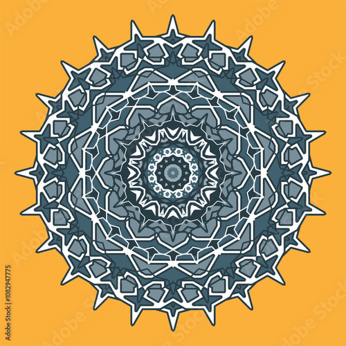 Blue mandala on yellow background. Design for wall panel, plate, tablecloth and other. Vector illustration photo