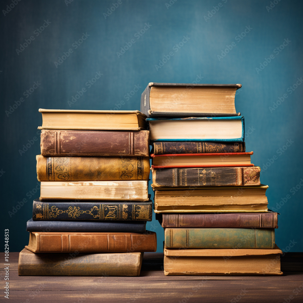 Stacks of old books on the table. Antique books with a blue background. Stacks of old books on the table. Antique books with a blue background.