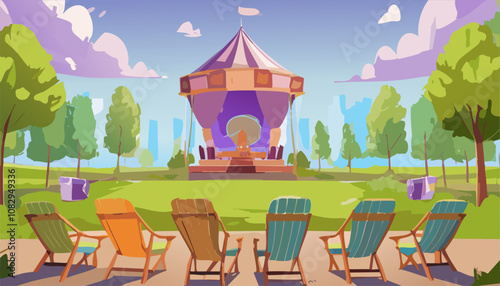 Amusement park with chairs and tent, vector cartoon illustration.