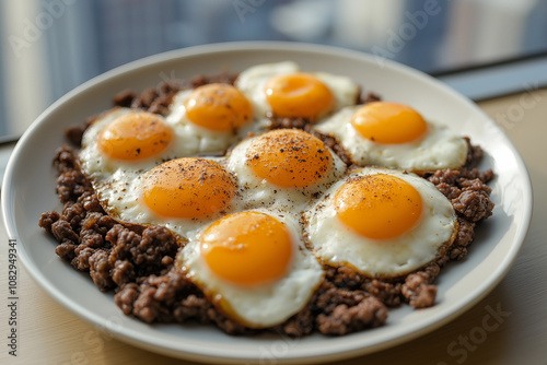 Frühstücksgenuss mit Eiern und Hackfleisch in urbaner Umgebung

 photo