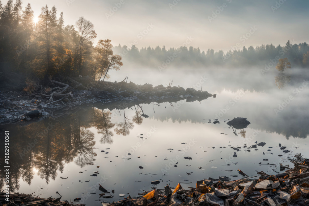 Fototapeta premium Misty sunrise over calm lake with trees reflected in still water.