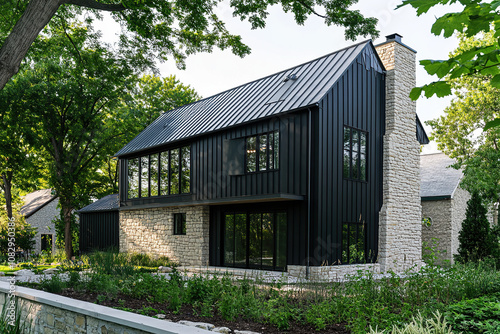 A modern farmhouse with black vertical siding, stone accents on the front wall, and large windows overlooking trees in a Midwestern suburban neighborhood.