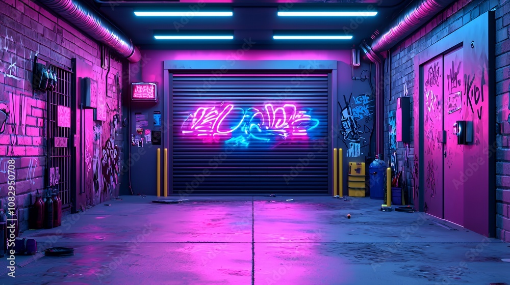 Neon lights illuminate an urban garage with graffiti and a closed garage door. Neon lights illuminate an urban garage with graffiti and a closed garage door.