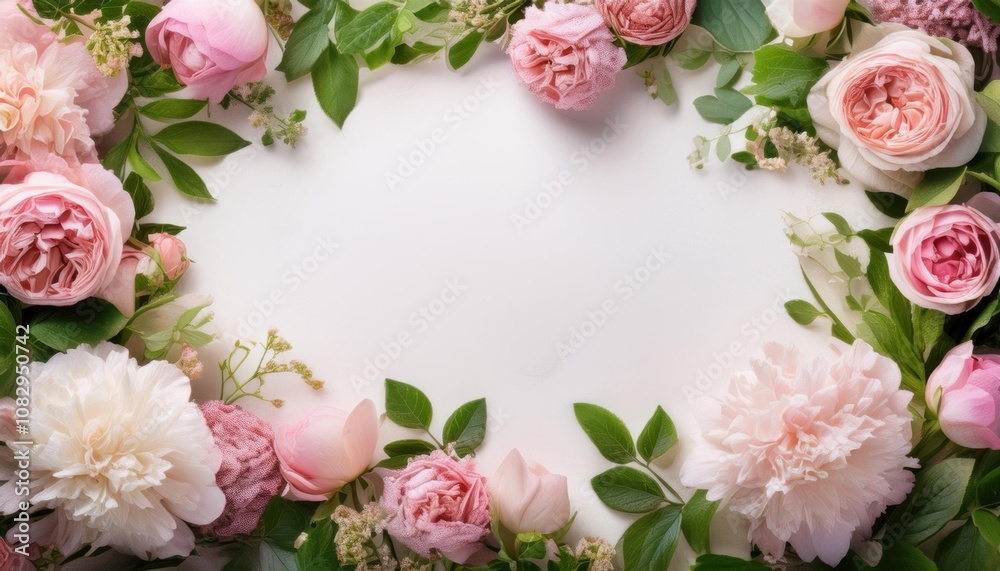 White frame with pink and white flowers on it, frame , space for text